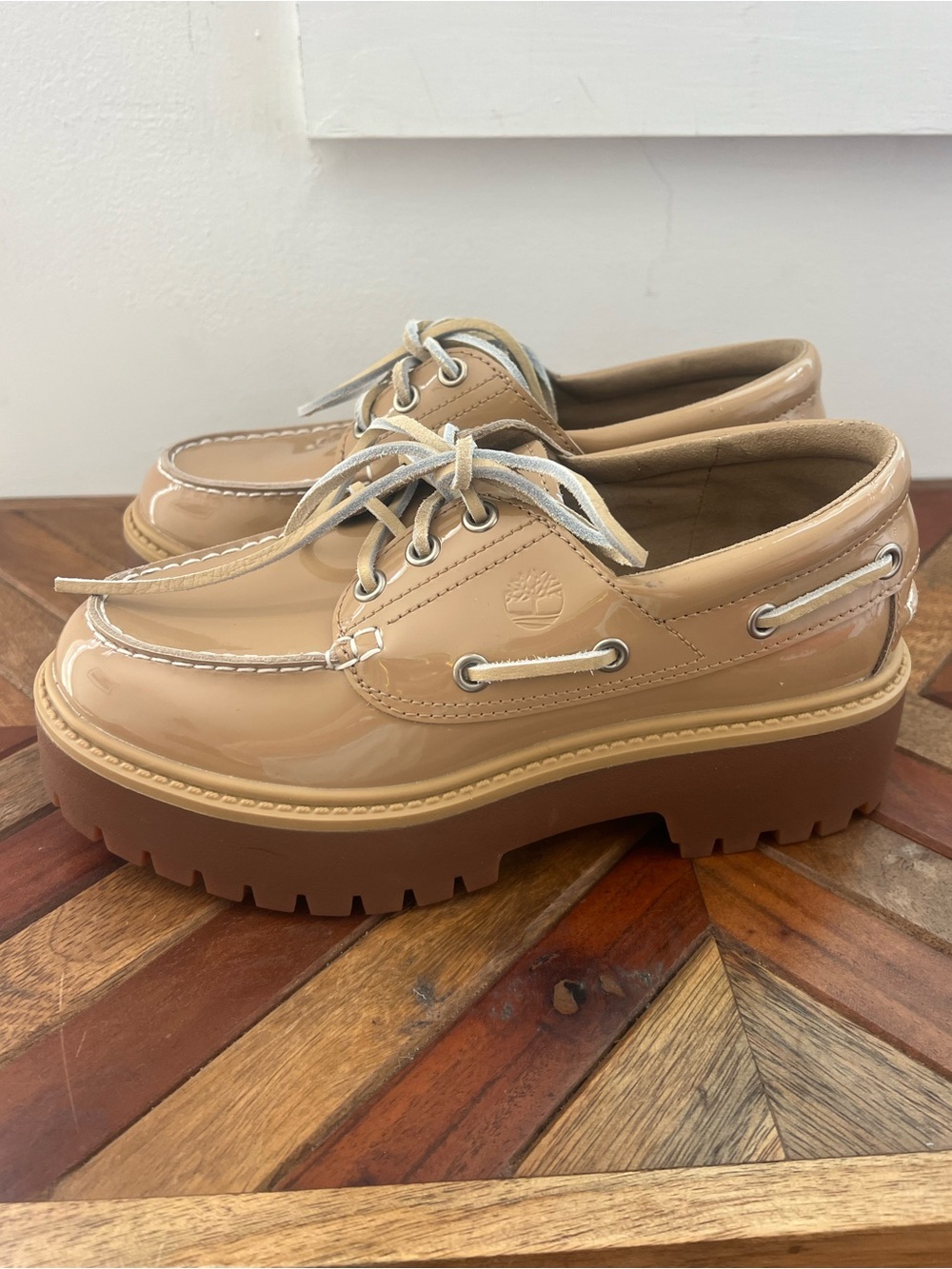 Timberlands Nude Patent Leather Lug Sole Platform Shoes | Fall Neutral Staple